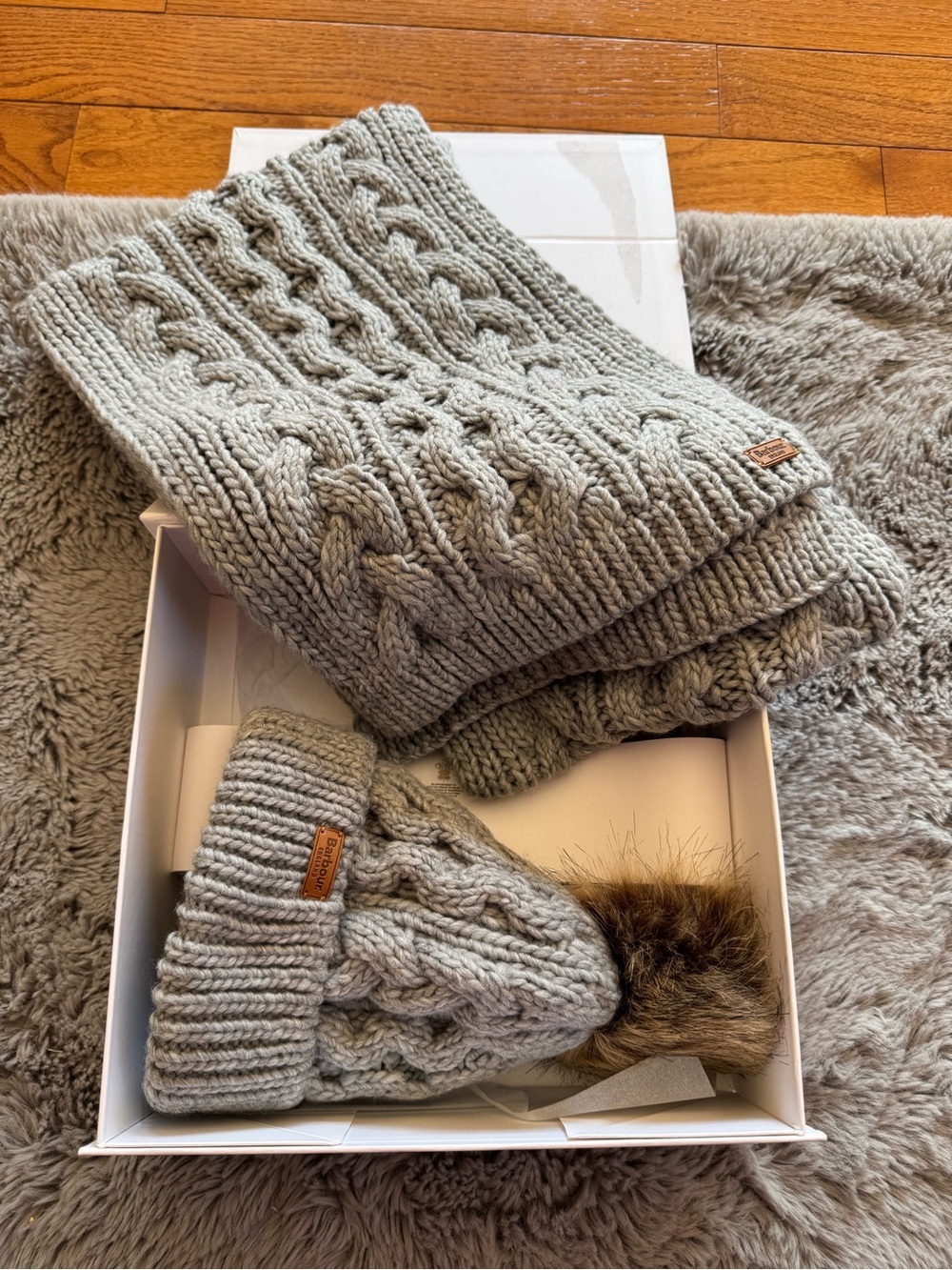 Barbour Penshaw Cable Knit Beanie & Scarf Set – Gray